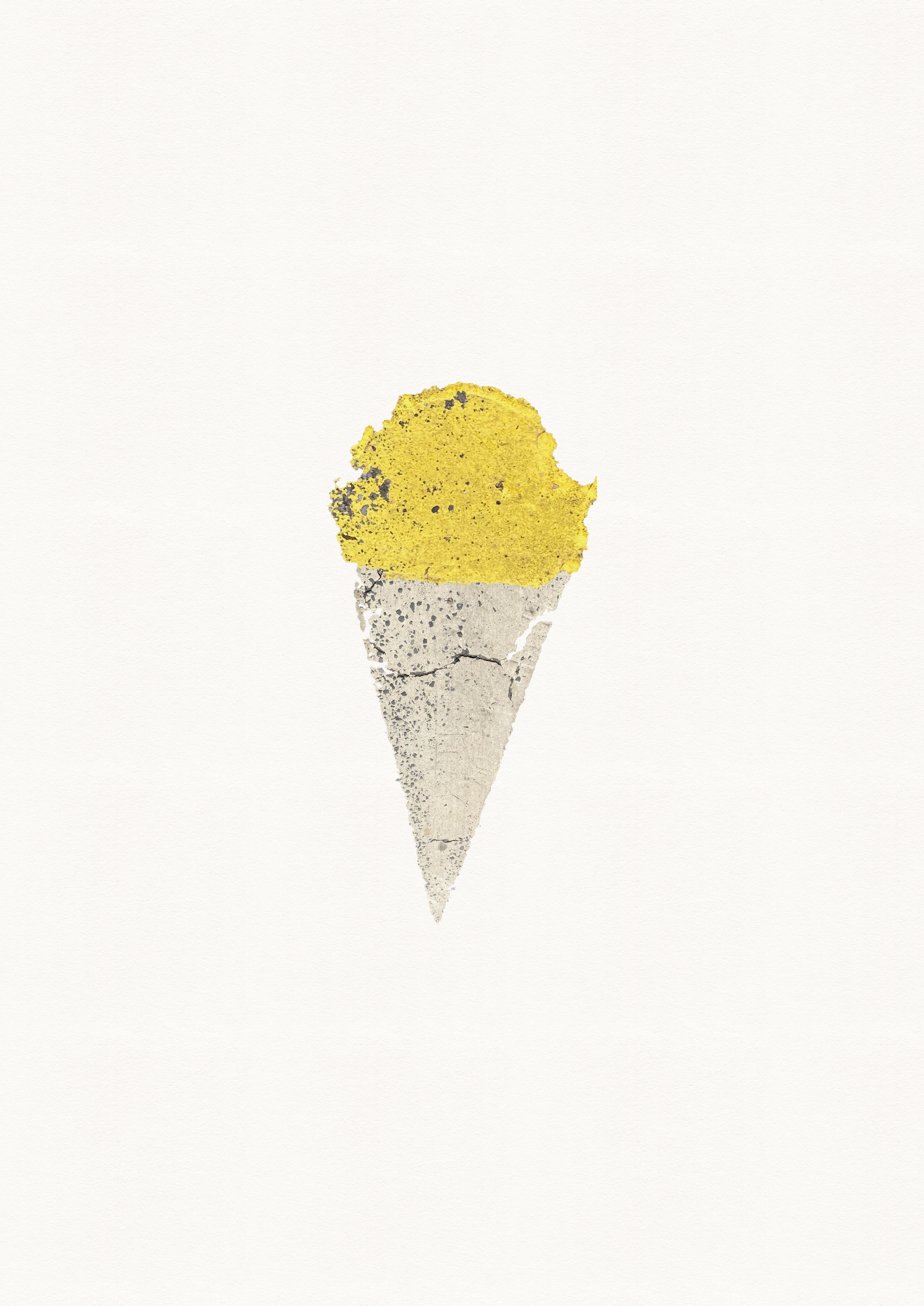 An ice cream cone formed from a yellow paint blob and cracked concrete